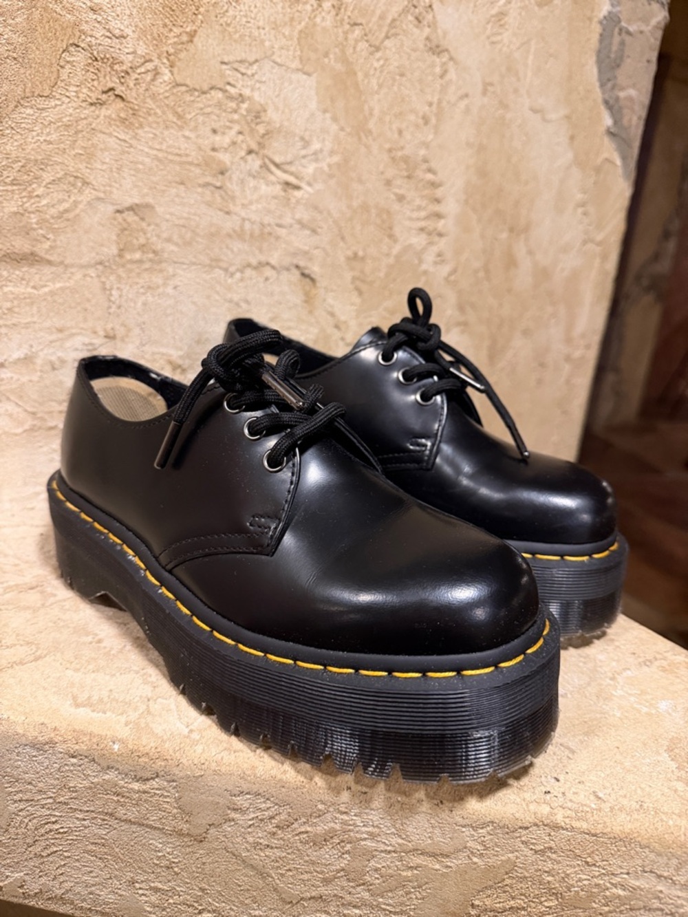 Dr. Martens Black Leather 3-Eye Shoes with Yellow Stitching